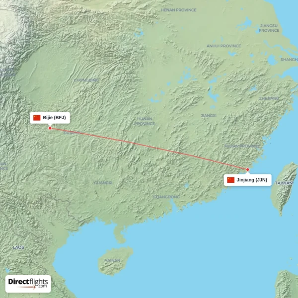 Bijie - Jinjiang direct flight map