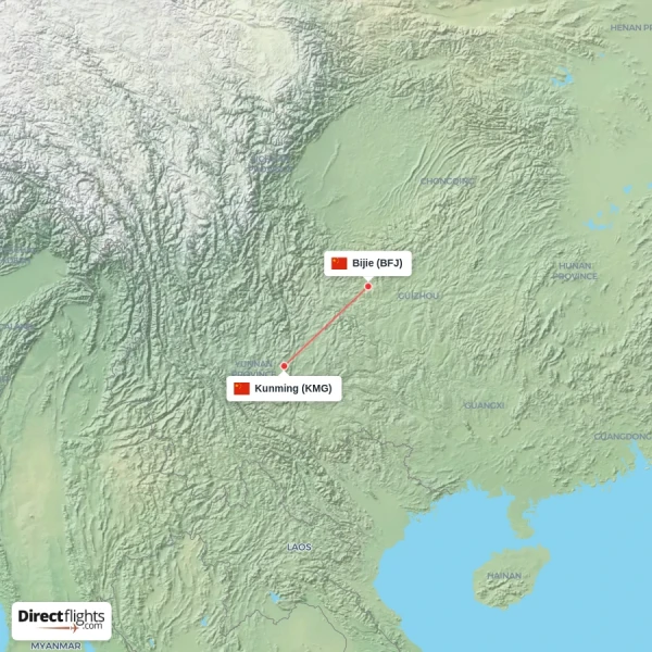 Bijie - Kunming direct flight map