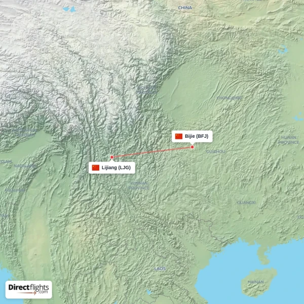 Bijie - Lijiang direct flight map
