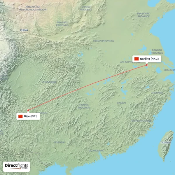 Bijie - Nanjing direct flight map