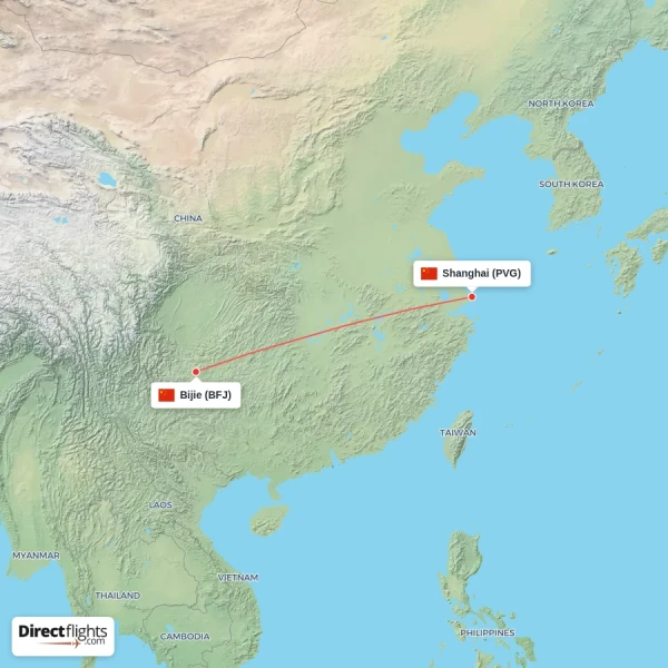 Bijie - Shanghai direct flight map