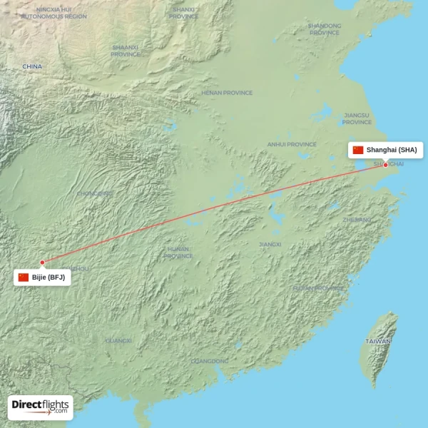 Bijie - Shanghai direct flight map
