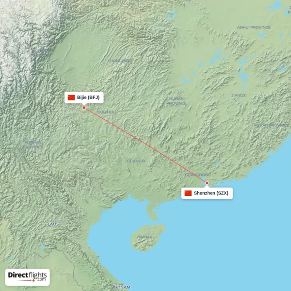 Bijie - Shenzhen direct flight map