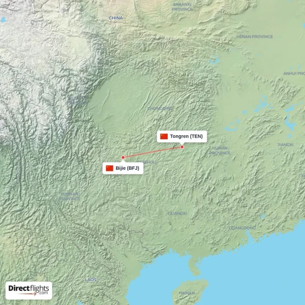 Bijie - Tongren direct flight map