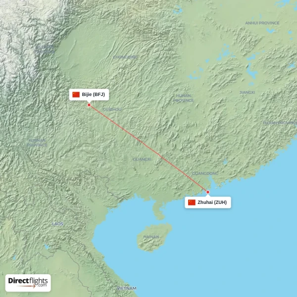 Bijie - Zhuhai direct flight map