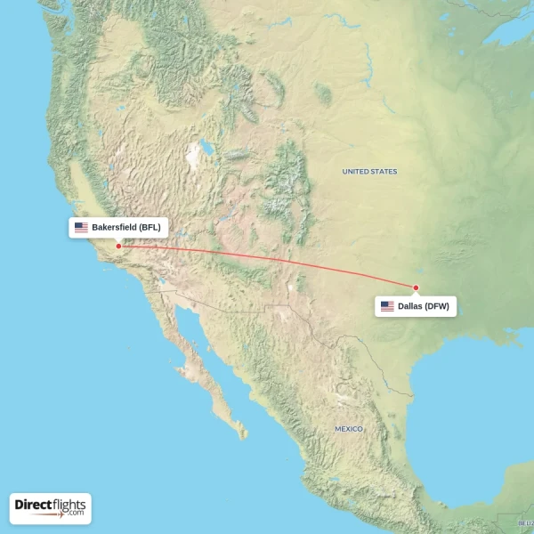 Bakersfield - Dallas direct flight map