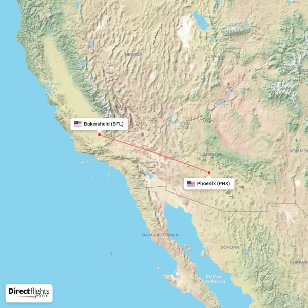 Bakersfield - Phoenix direct flight map