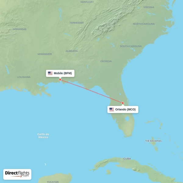 Mobile - Orlando direct flight map
