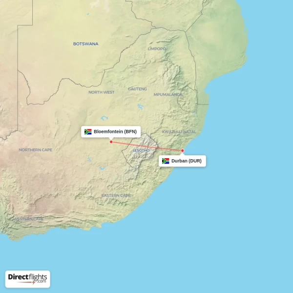 Bloemfontein - Durban direct flight map