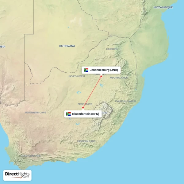 Bloemfontein - Johannesburg direct flight map