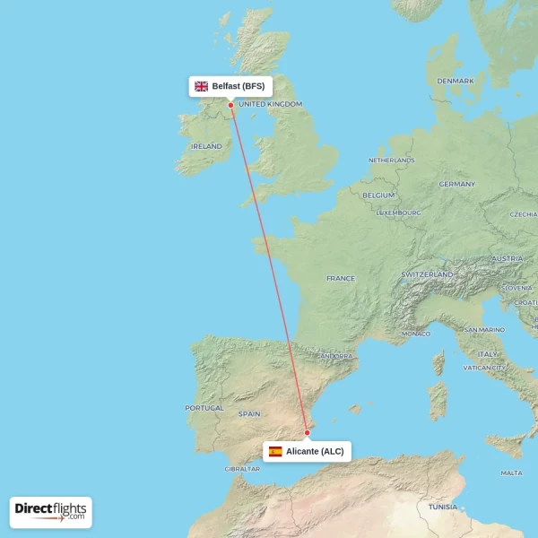 Belfast - Alicante direct flight map