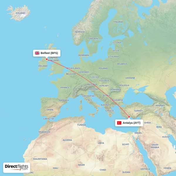 Belfast - Antalya direct flight map