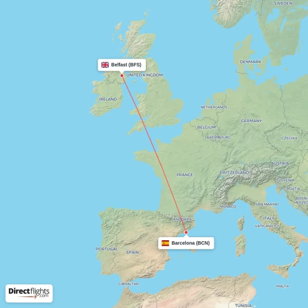 Belfast - Barcelona direct flight map