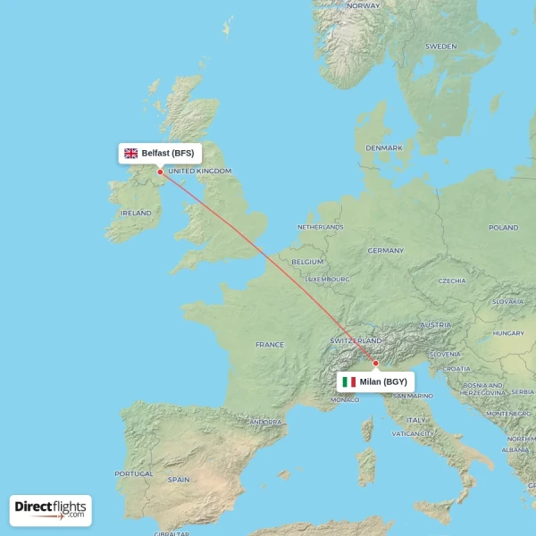Belfast - Milan direct flight map