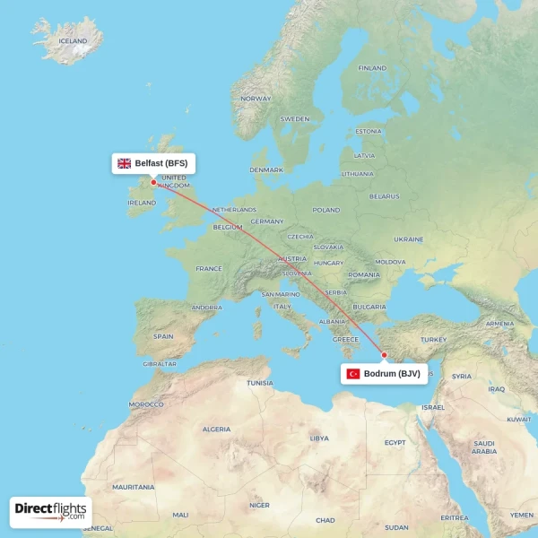Belfast - Bodrum direct flight map