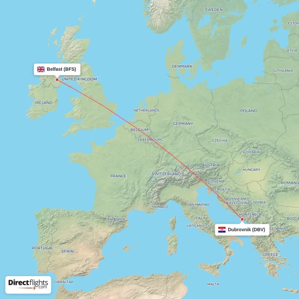 Belfast - Dubrovnik direct flight map