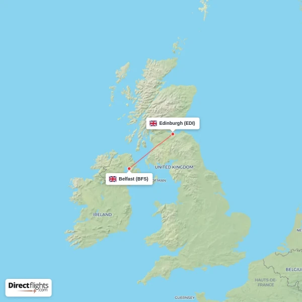 Belfast - Edinburgh direct flight map