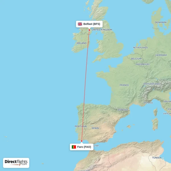 Belfast - Faro direct flight map