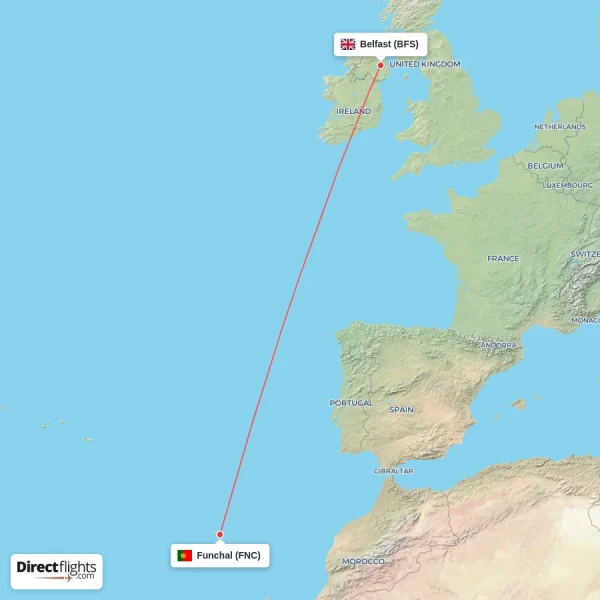 Belfast - Funchal direct flight map