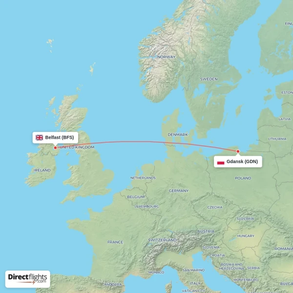 Belfast - Gdansk direct flight map