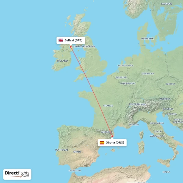 Belfast - Girona direct flight map