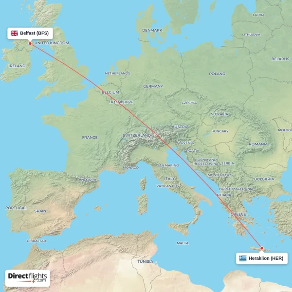 Belfast - Heraklion direct flight map