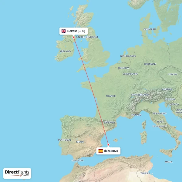 Belfast - Ibiza direct flight map