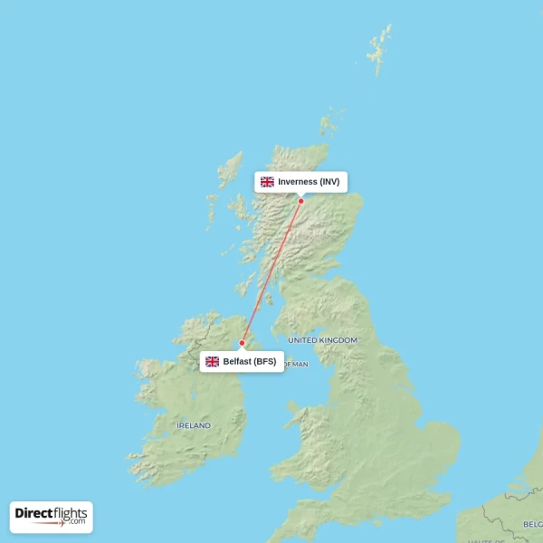 Belfast - Inverness direct flight map
