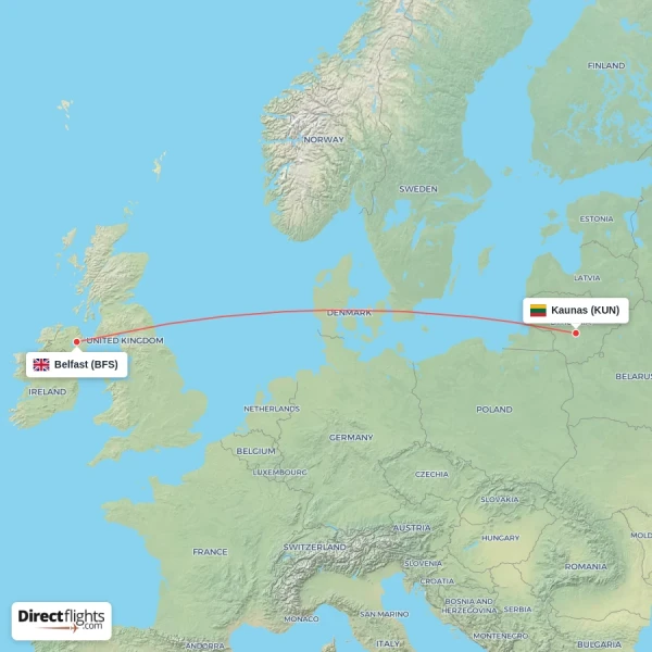 Belfast - Kaunas direct flight map