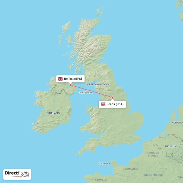 Belfast - Leeds direct flight map