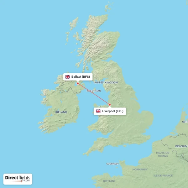 Belfast - Liverpool direct flight map