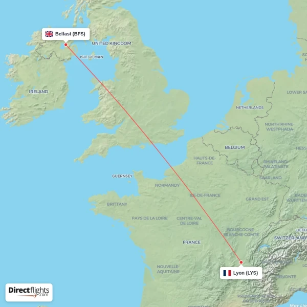 Belfast - Lyon direct flight map