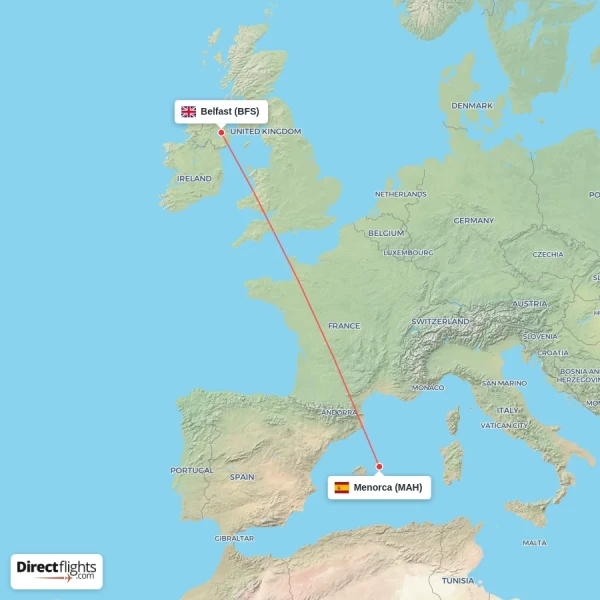 Belfast - Menorca direct flight map