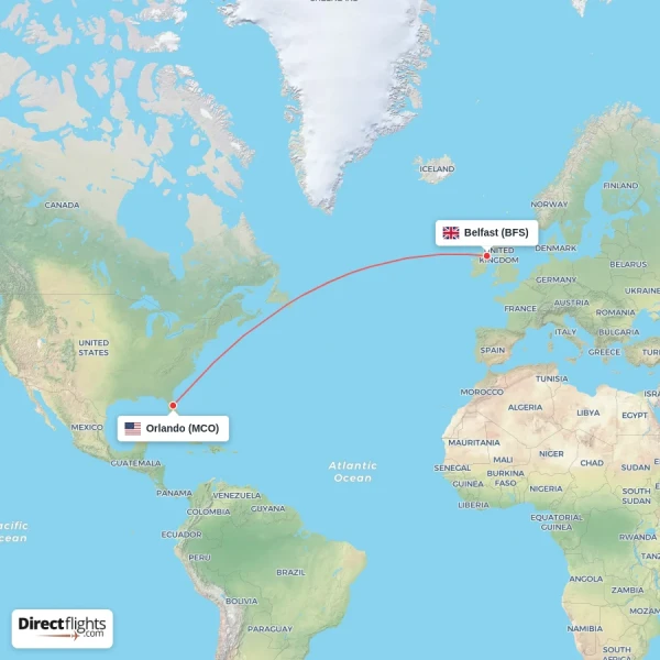 Belfast - Orlando direct flight map