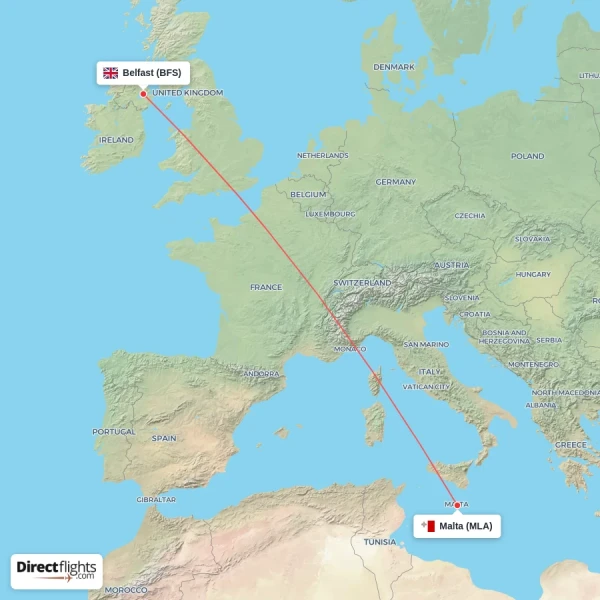 Belfast - Malta direct flight map