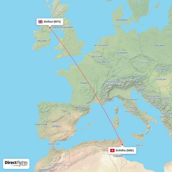 Belfast - Enfidha direct flight map