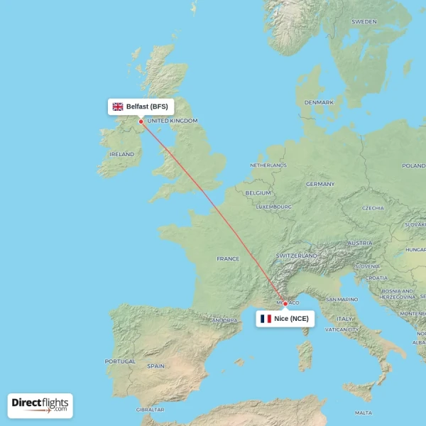 Belfast - Nice direct flight map