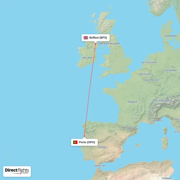 Belfast - Porto direct flight map
