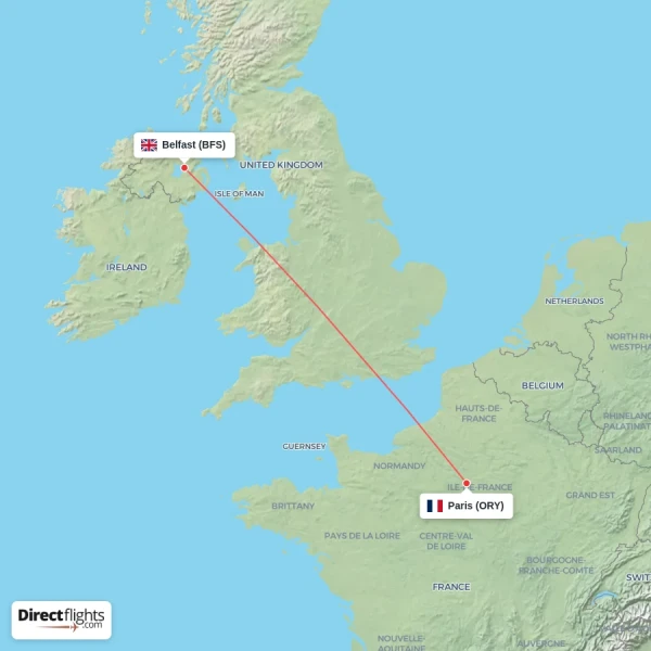 Belfast - Paris direct flight map