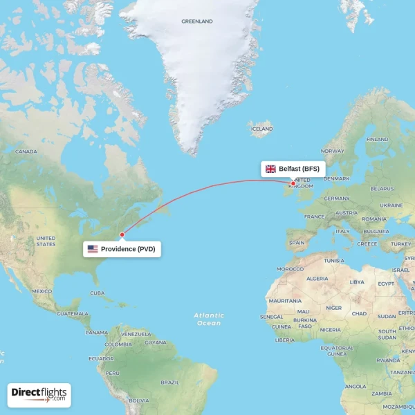 Belfast - Providence direct flight map