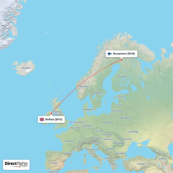 Belfast - Rovaniemi direct flight map
