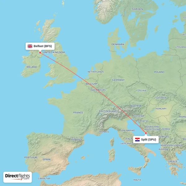 Belfast - Split direct flight map
