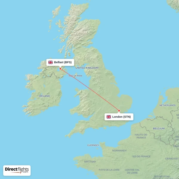 Belfast - London direct flight map