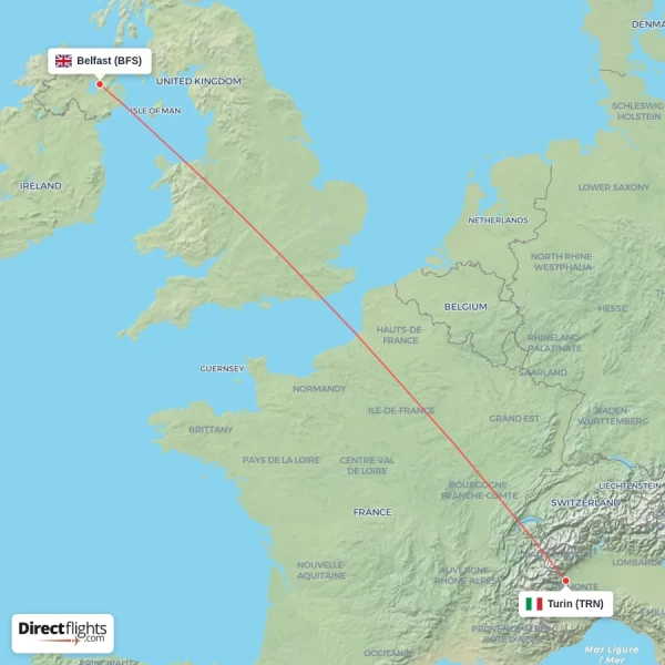 Belfast - Turin direct flight map