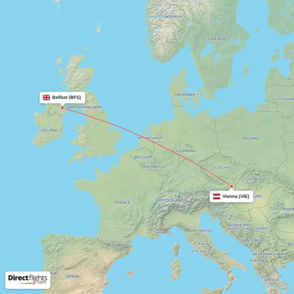Belfast - Vienna direct flight map