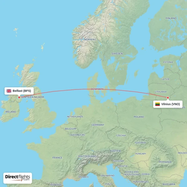 Belfast - Vilnius direct flight map