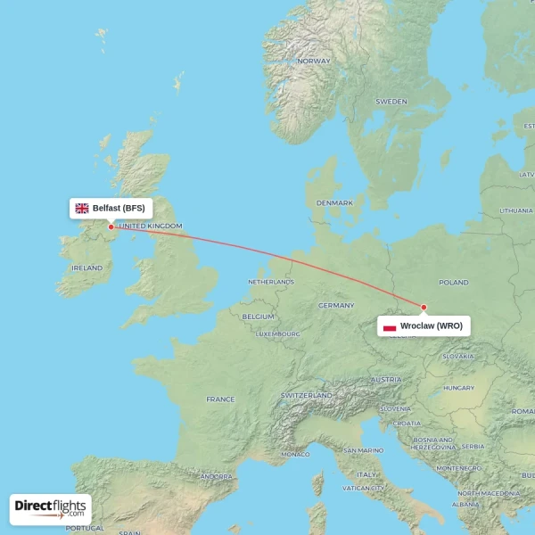 Belfast - Wroclaw direct flight map