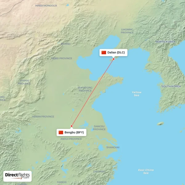 Bengbu - Dalian direct flight map
