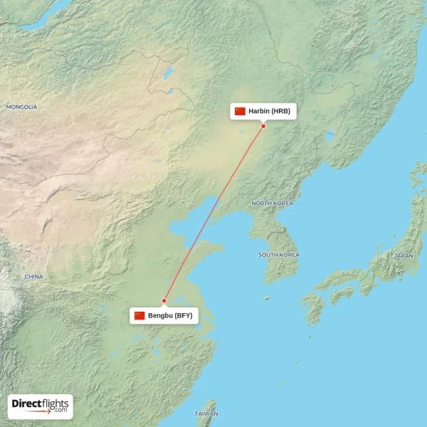 Bengbu - Harbin direct flight map