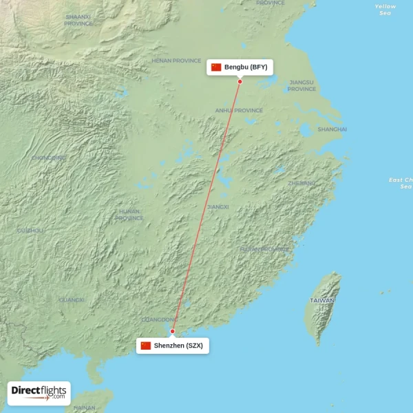 Bengbu - Shenzhen direct flight map